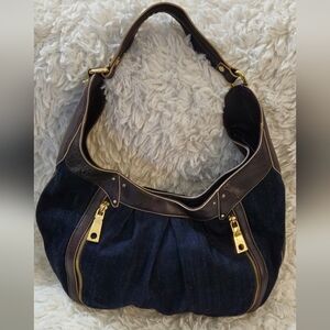 Dana Buchman Demin Navy and Brown Faux Leather Trim w/Gold Hardware Hobo Bag